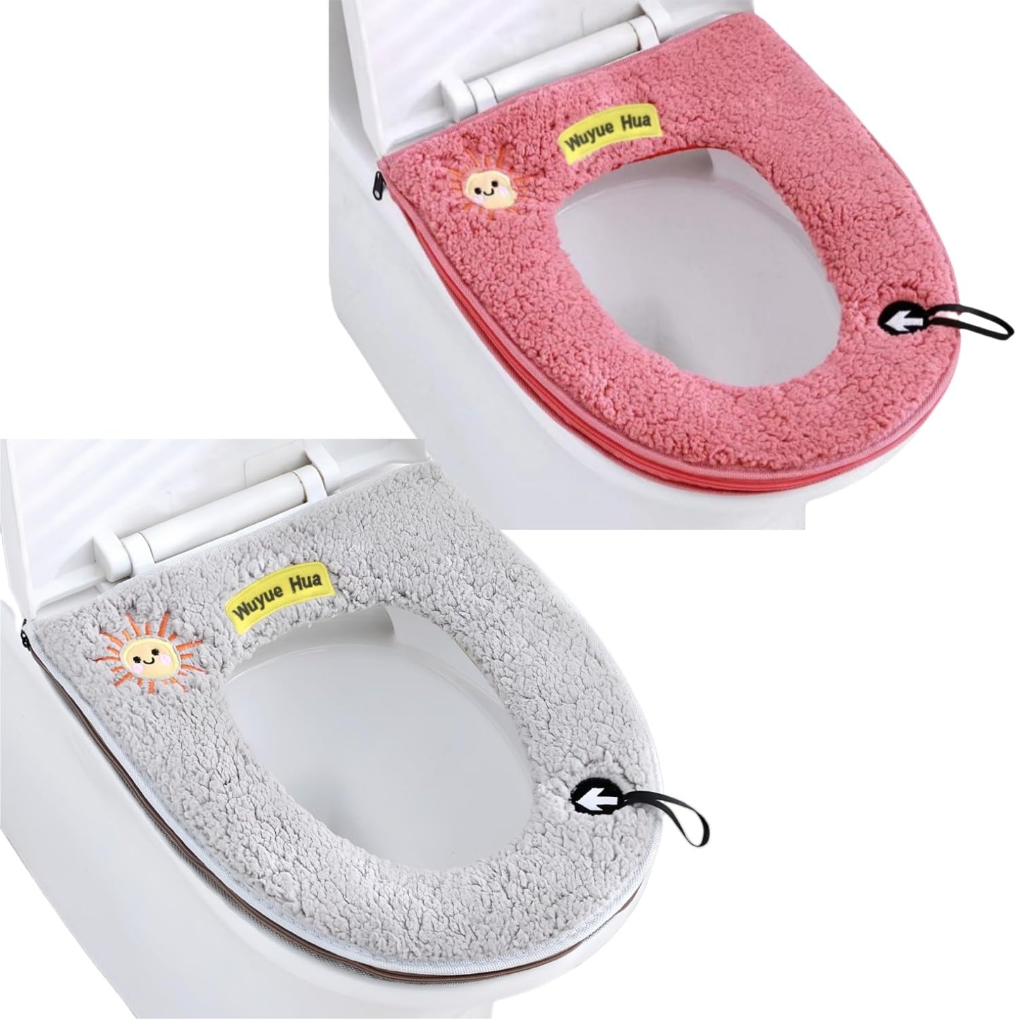 2Pcs Universal Home Toilet Seat Cushion with Hanging Loop Bathroom Soft and Warm Washable Toilet seat Cover Pads (Grey+Pink)