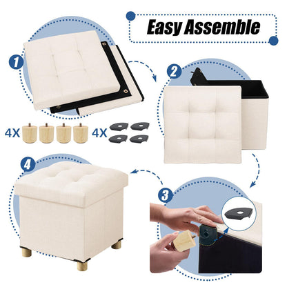 BRIAN & DANY Folding Storage Ottoman with Wood Legs, Linen Foot Stool, Storage Chest with Highly Elastic Sponge Filling, Beige, 38 x 38 x 38 cm