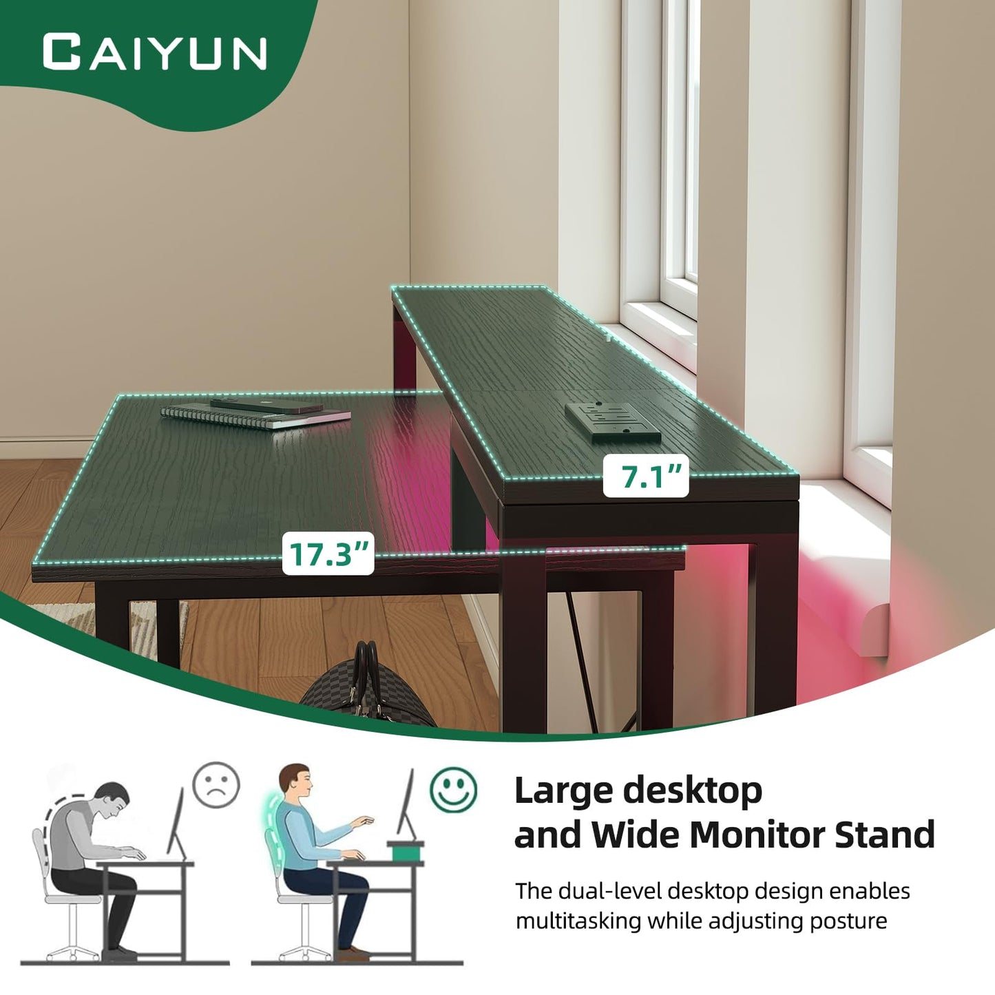 CAIYUH 48 Inch Gaming Desk, Computer Desk with Power Outlets & Adjustable LED, Teen Writing Study Table Home Office Desks for Small Space