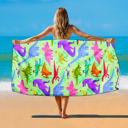 Violetpos Colorful Dinosaur Print Beach Towel, Extra Large 180x90 cm 250GSM Microfibre, Sand Free Quick Dry