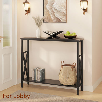YMYNY Console Table Narrow Sofa Table with Shelves Black HST007B