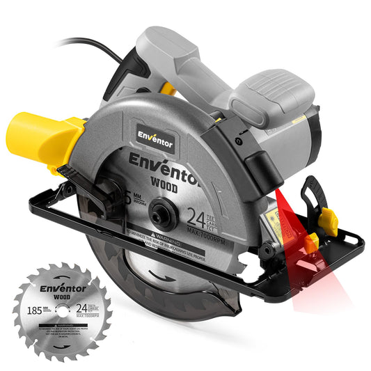 Enventor Circular Saw, 1400W 6000RPM Electric Circular Saws with Laser Guide, Max Cutting Depth 62mm (90?), 48mm (45?), Saw Blades(185mm, 24T), Pure