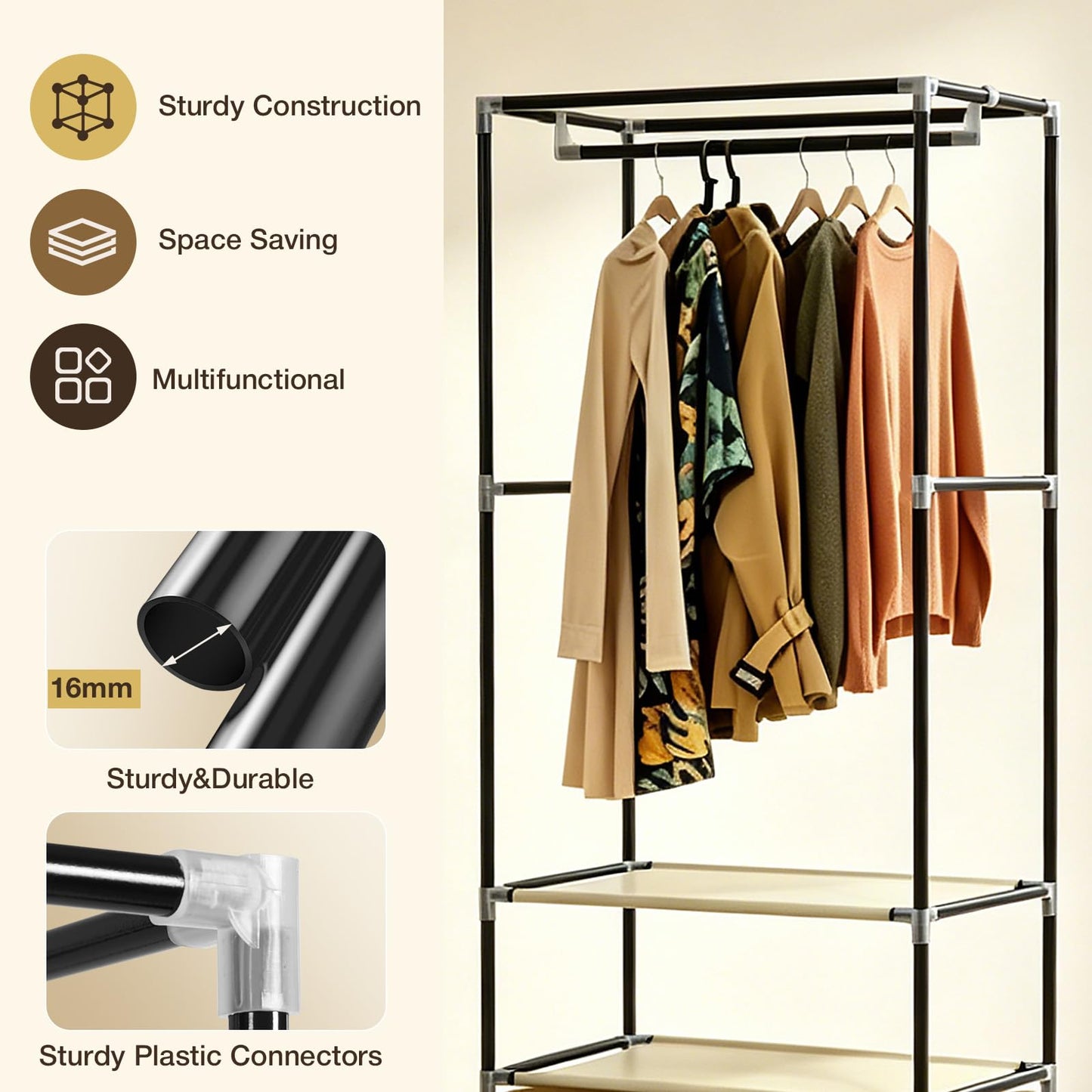 Single Canvas Wardrobe with 2 Drawers and Hanging Rail 160 x 59 x 43CM