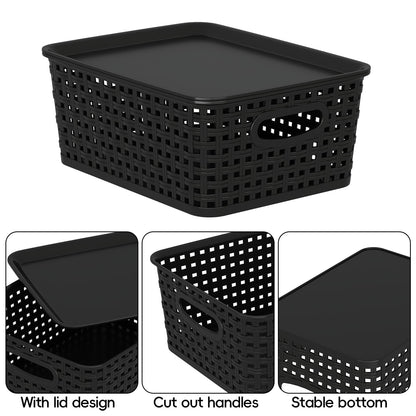 Julyeen Set of 6 Plastic Storage Baskets with Lids, Office Weave Organizer Basket Box, Black