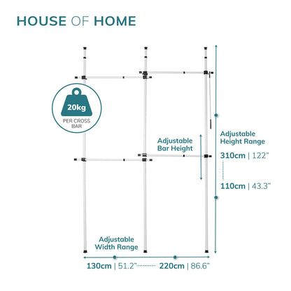 House of Home Heavy Duty Double Telescopic Clothes Rail - Rail Wardrobe Replacement - Adjustable Shelving Rack - Clothes Storage & Organiser for