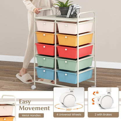 GiantexUK 10 Drawers Storage Cart, Mobile Rolling Storage Trolley with 4 Lockable Wheels & Handles