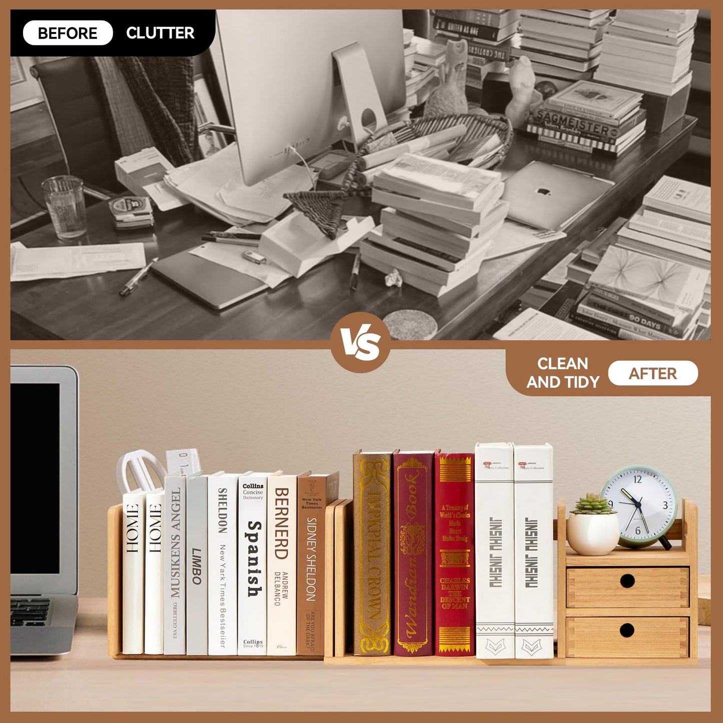 KIRIGEN Desktop Wooden Bookshelf, Expandable Book Organiser with 2 Drawers Desktop Bookcase Multifunction Storage Organizer Book Display Rack Home