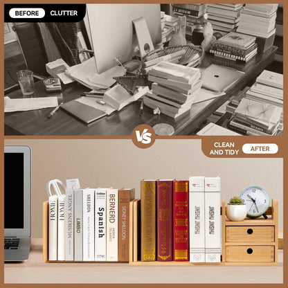 KIRIGEN Desktop Wooden Bookshelf, Expandable Book Organiser with 2 Drawers Desktop Bookcase Multifunction Storage Organizer Book Display Rack Home