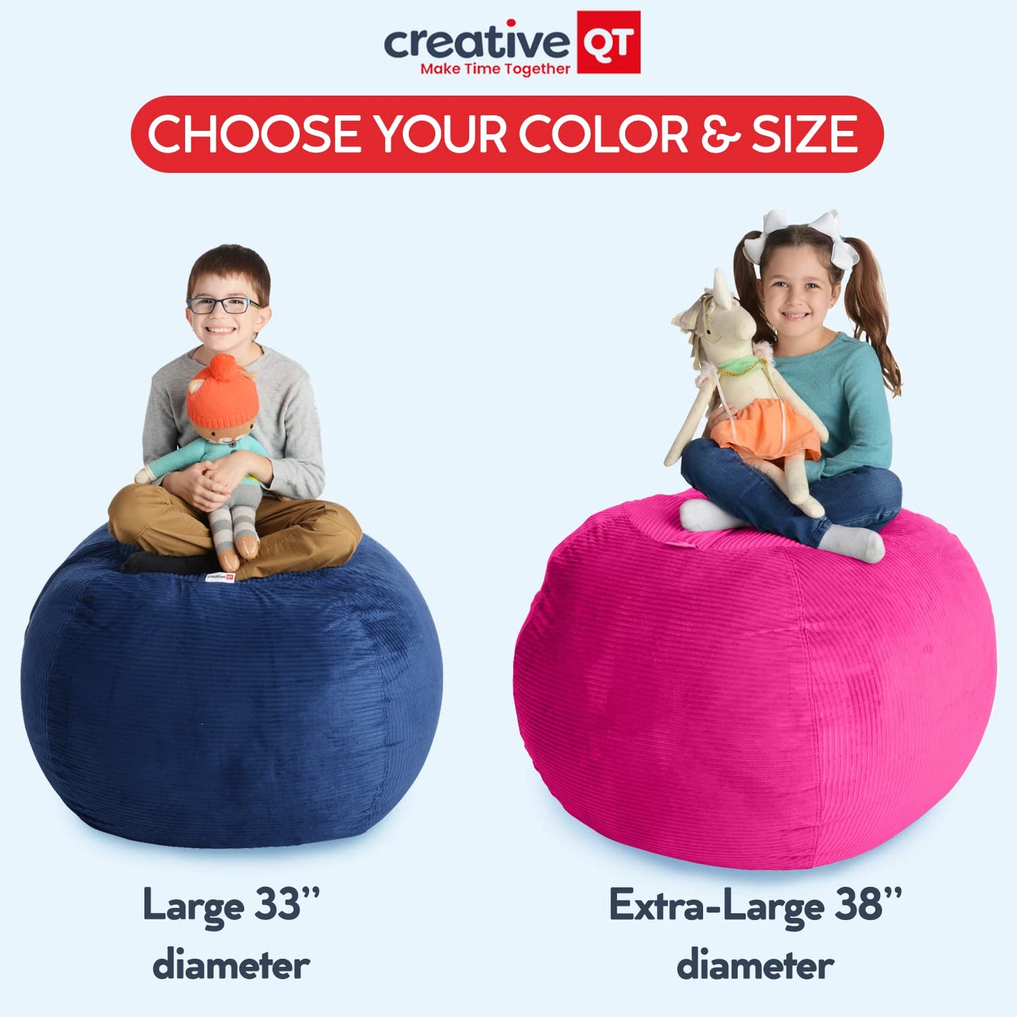 Creative QT Stuff ’n Sit Extra Large 38’’ Bean Bag Storage Cover for Stuffed Animals & Toys – Light Gray Corduroy – Toddler & Kids’ Rooms Organizer