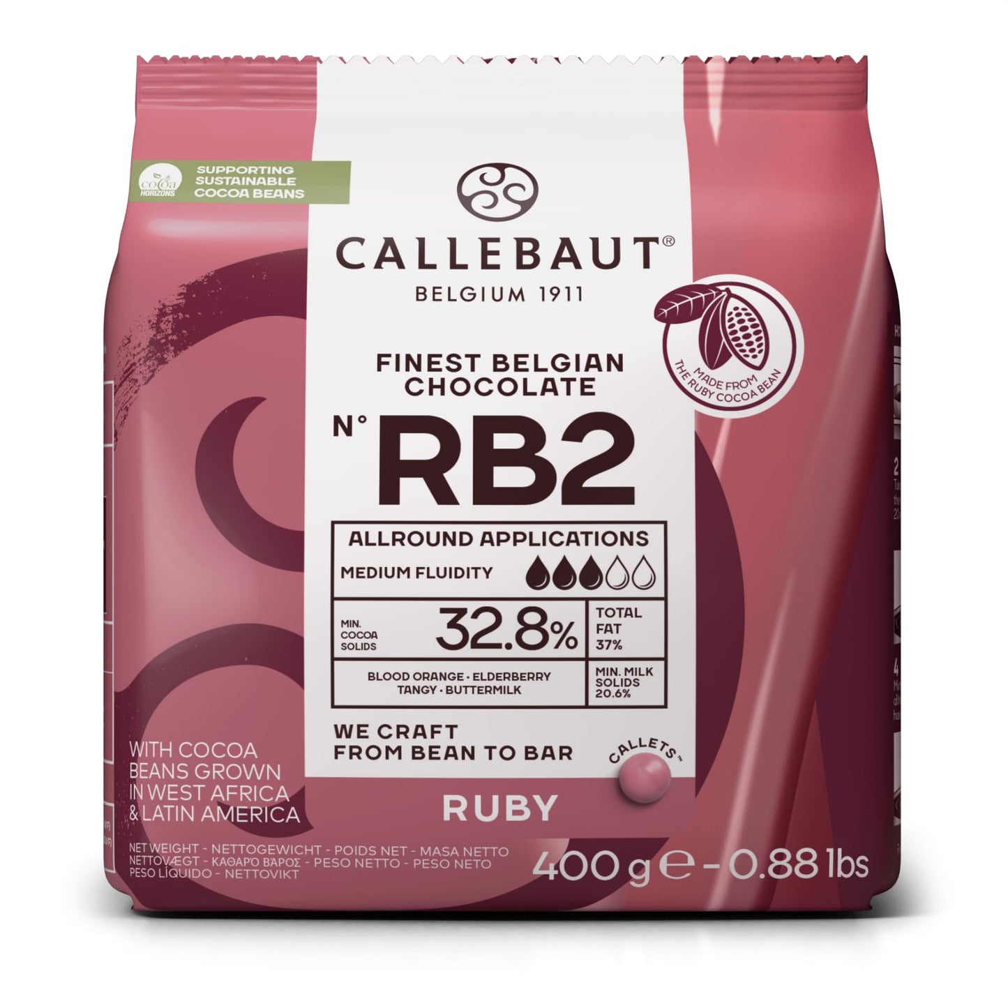 Callebaut Ruby Chocolate Callets RB2 400g | Intense Fruity Pink Chocolate | 32.8% Cocoa