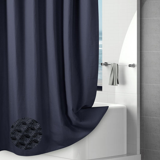 Hotel-Quality Navy Blue Waffle Shower Curtain, Water Repellent Bath Curtain Prevents Water Escaping, 256GSM Thick Heavy Duty Fabric Texture Wet Room