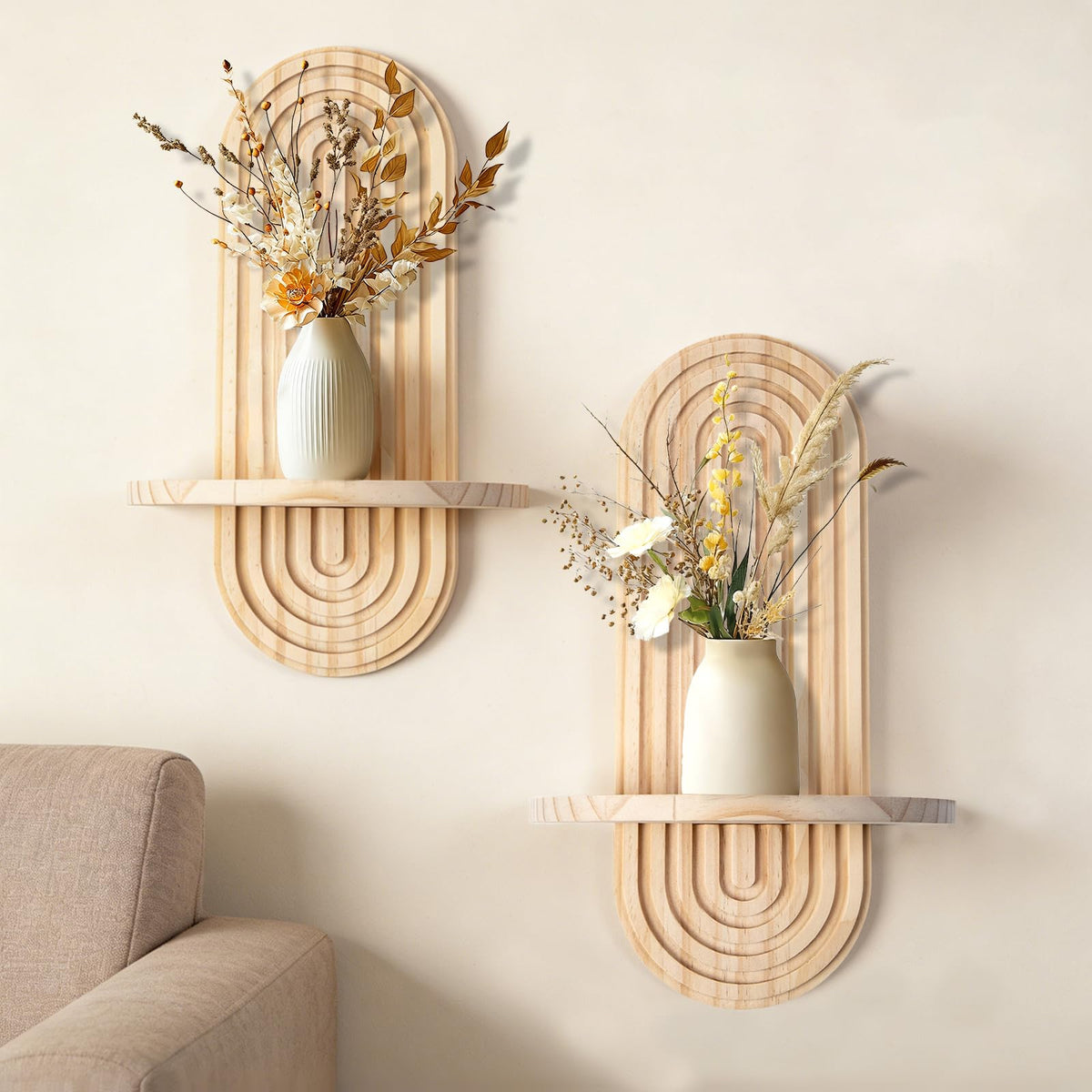 YiYa 2 Pcs Wood Shelves for Wall Decor Modern Boho Wall Shelf Arch Wood Floating Shelf Bohemian Hanging Shelf Display Shelving for Hanging Plants