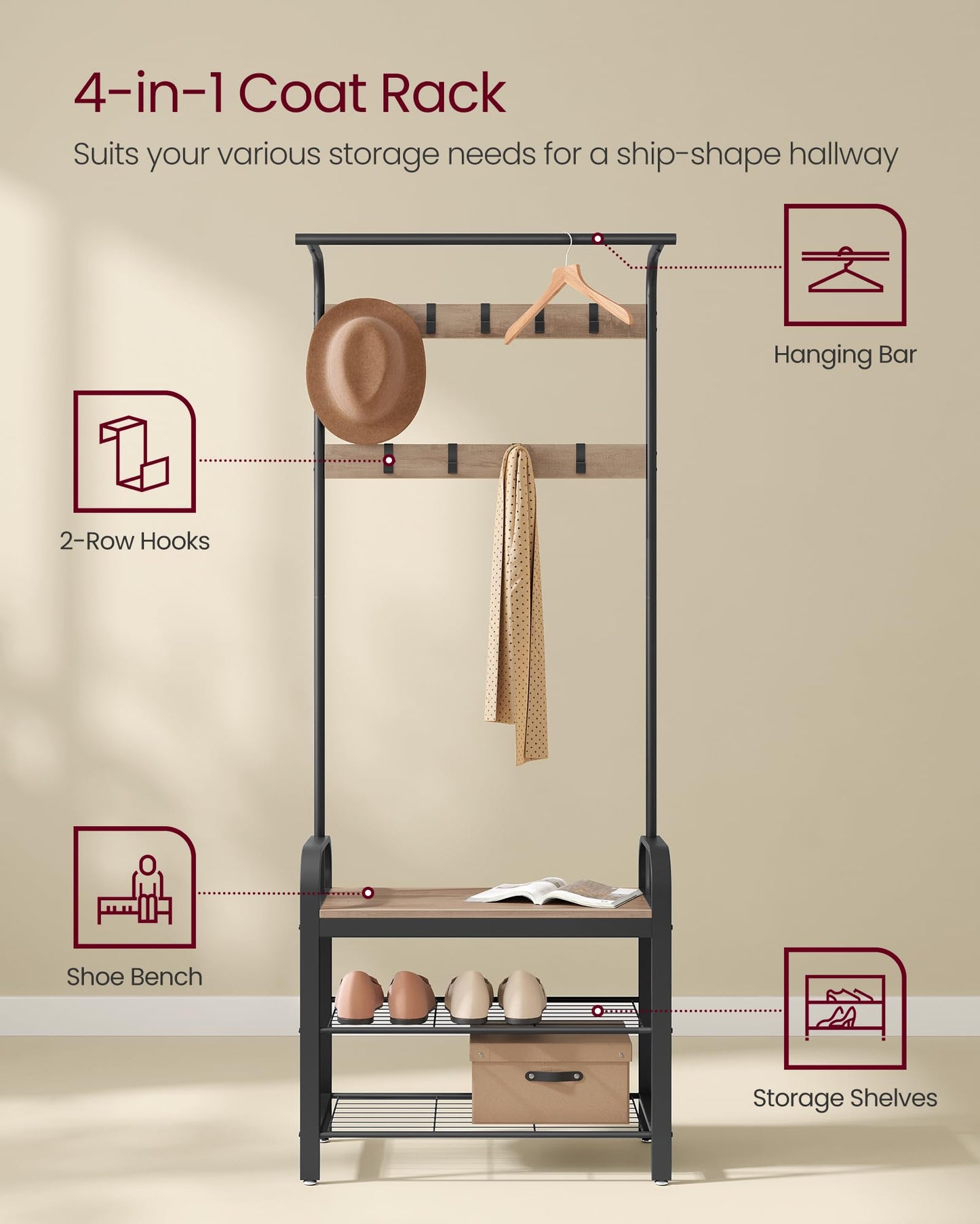 VASAGLE Coat Rack, Coat Stand with Shoe Storage Bench, 4-in-1 Design, with 9 Removable Hooks, a Clothes Rail, for Hallway, Entrance, 34 x 72 x 183 cm,
