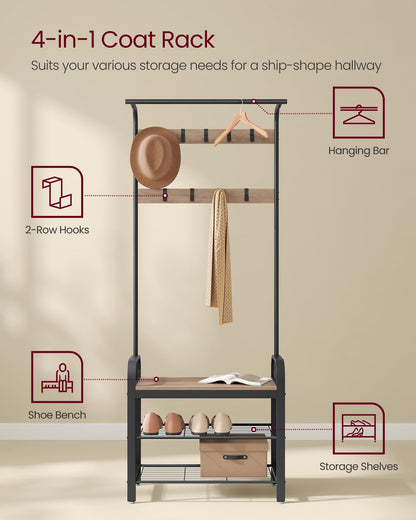 VASAGLE Coat Rack, Coat Stand with Shoe Storage Bench, 4-in-1 Design, with 9 Removable Hooks, a Clothes Rail, for Hallway, Entrance, 34 x 72 x 183 cm,