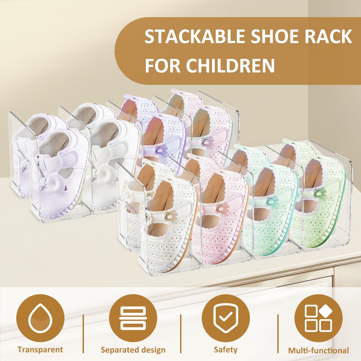4 Pack Clear Acrylic Kids Shoe Rack for Closet Organizer 4 Sections Toddler Baby Shoe Storage Stackable Shoes Shelf Handbag Storage Desk File Sorter