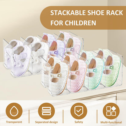 4 Pack Clear Acrylic Kids Shoe Rack for Closet Organizer 4 Sections Toddler Baby Shoe Storage Stackable Shoes Shelf Handbag Storage Desk File Sorter
