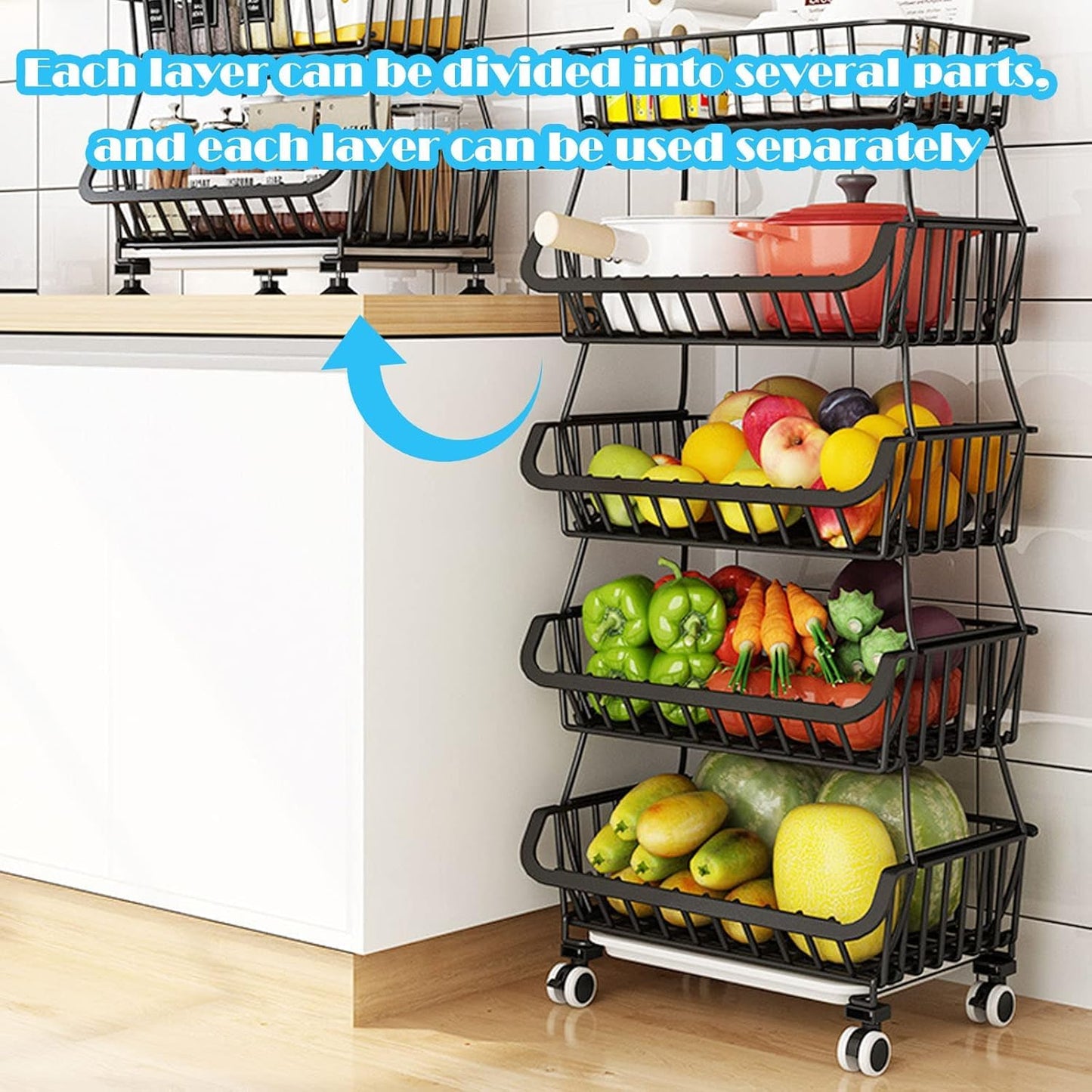 PQHIQ 4 Tier Fruit Vegetable Storage Basket Rack With Wheels, Black