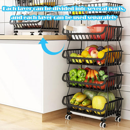 PQHIQ 4 Tier Fruit Vegetable Storage Basket Rack With Wheels, Black