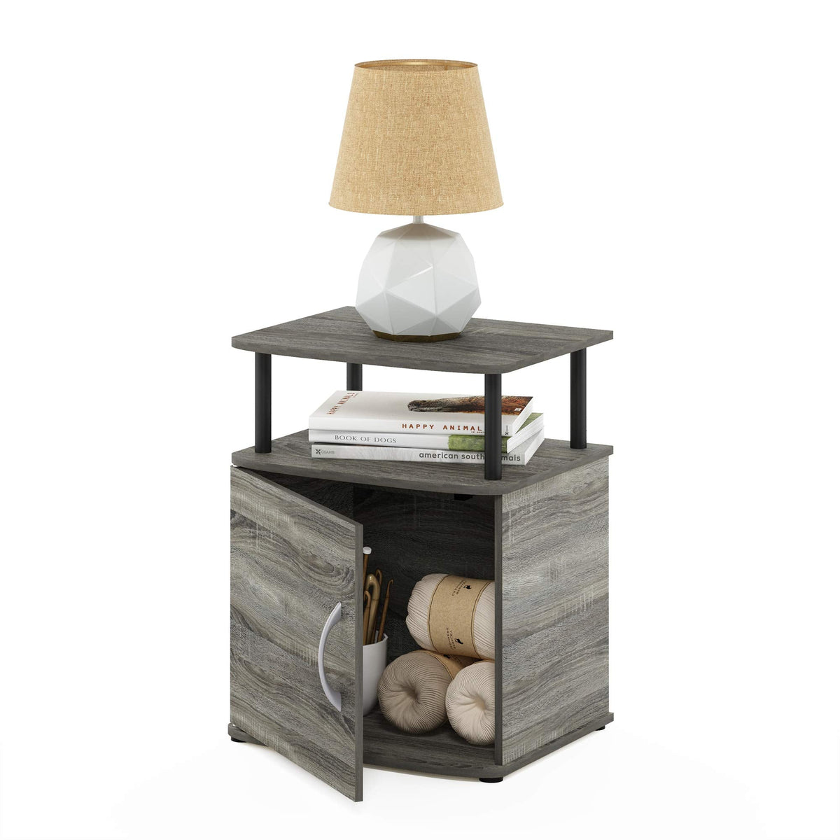 Furinno JAYA Side Table, End Table with Door Cabinet, Night Stand, Bedside Table, for Living Room, Bedroom, French Oak