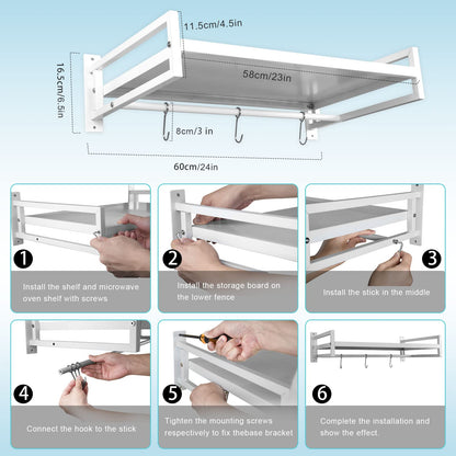 ABCOOL Wall Mount Microwave Oven Shelf Rack for Kitchen Home, Carbon Steel Counter Countertop Holder with Hook Rail and 3 Slidable Hooks