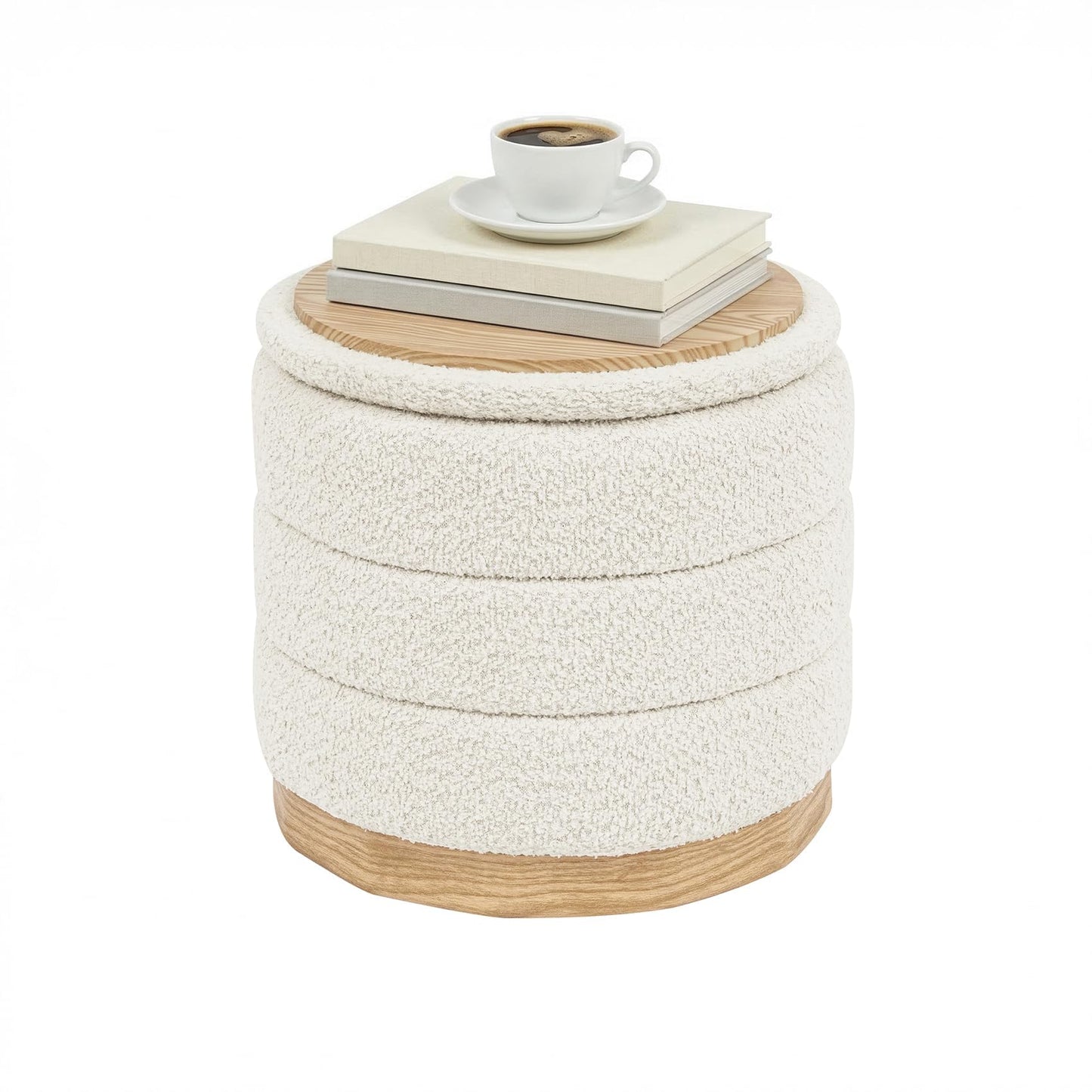 PINPLUS Round Chenille Storage Ottoman, Tray Top, 39x39x37 cm, Cream White