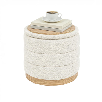PINPLUS Round Chenille Storage Ottoman, Tray Top, 39x39x37 cm, Cream White