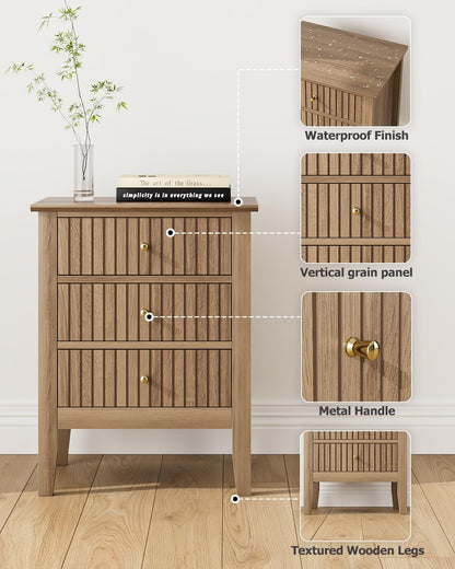 HEYZOEY Oak Finish Bedside Table, 3 Fluted Drawers, Country17.8×13.3×24 in