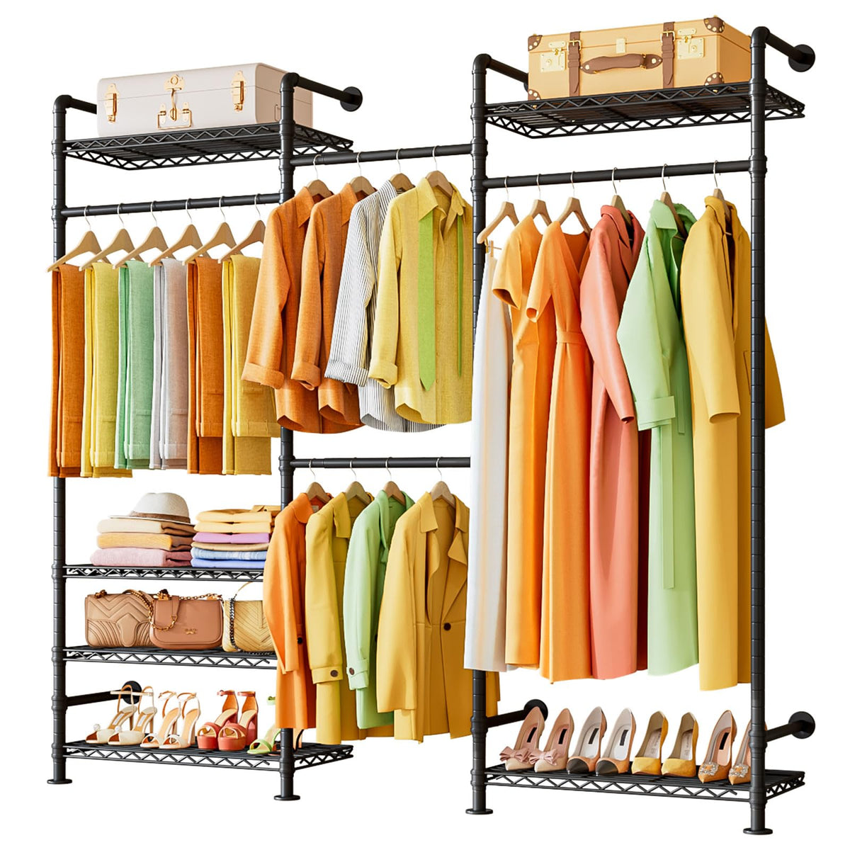 Wall Mounted Heavy Duty Clothes Rail with 6 Shelves 2 Expandable Rods