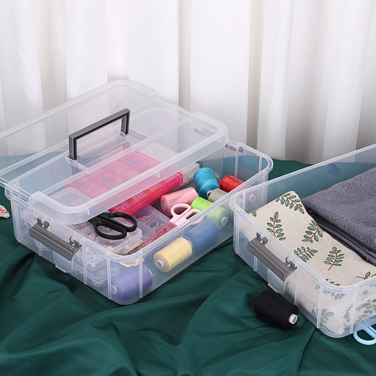 IGNPION 2-Tier Stackable Craft Storage Box Plastic Adjustable Storage Containers with Carry Handle Transparent Containers Organiser for Art & Craft