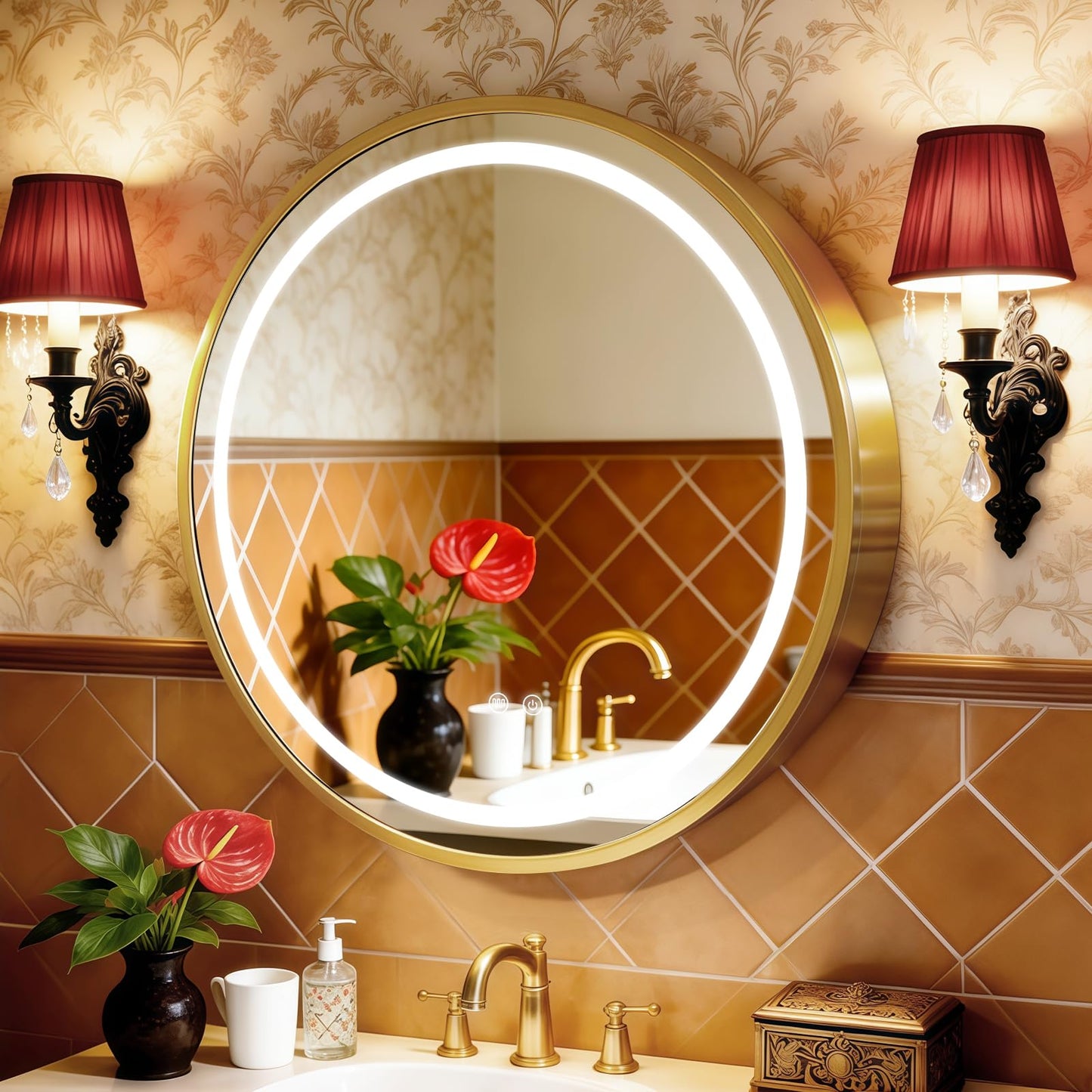 KAASUNES Round Mirror Cabinet with Light,Aluminum Framed,3 Colors Temperature&Dimmer,USB Shaver Socket,Defogger,66cm,Gold