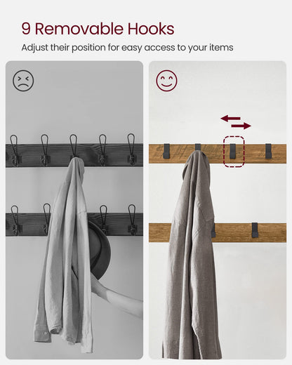 VASAGLE Coat Rack, Coat Stand with Shoe Storage Bench, 4-in-1 Design, with 9 Removable Hooks, a Clothes Rail, for Hallway, Entrance, 34 x 72 x 183 cm,