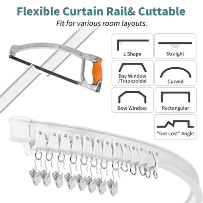 Flexible Curtain Track 4.26m Bendable Bay Window Curtain Rail Ceiling Wall Mount Plastic Heavy Duty Ceiling Track System Set, White 14Ft