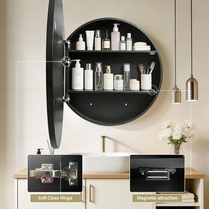 Janboe Round Mirror Cabinet,Aluminum Framed,Soft Close Hinge,76cm,Black