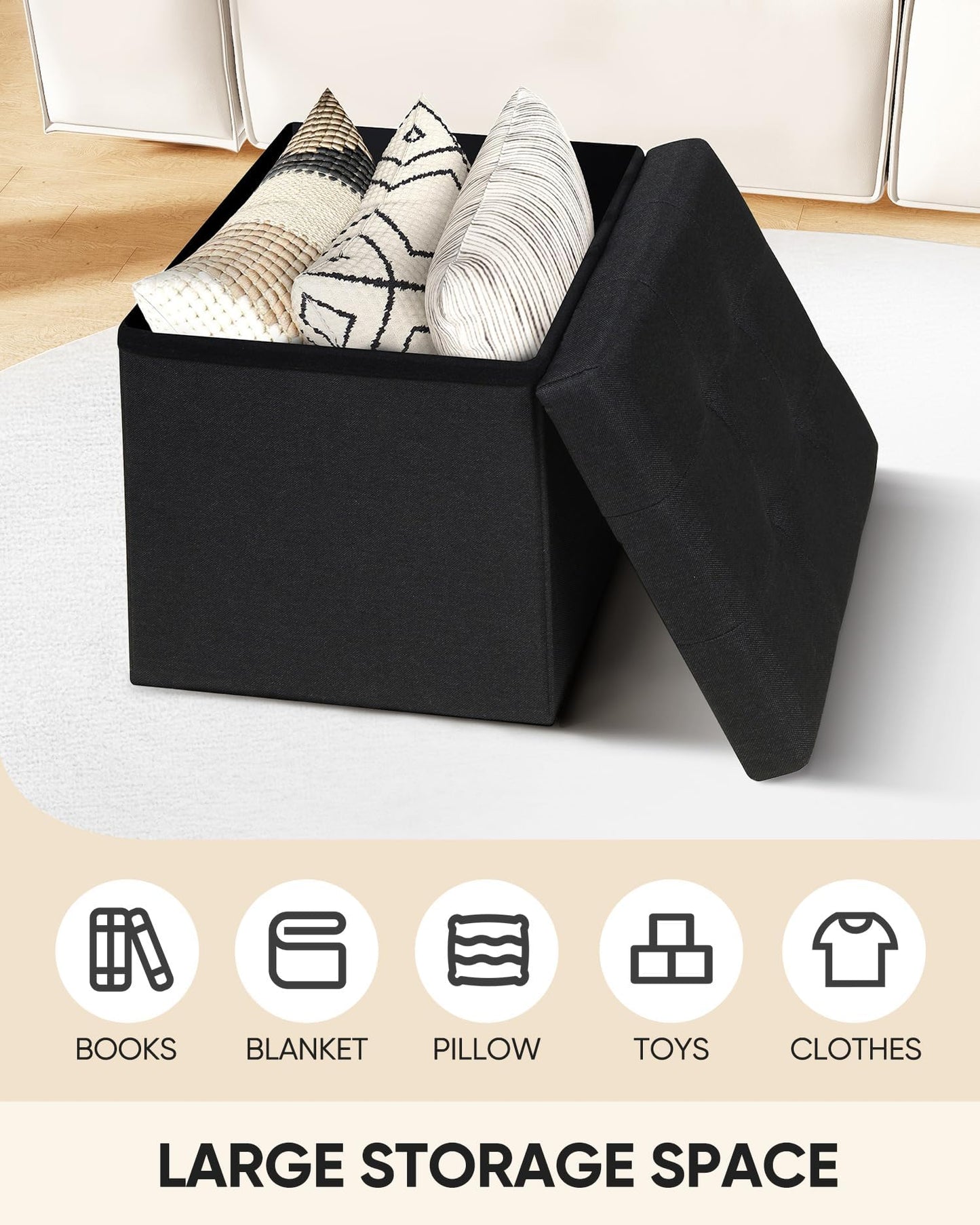 Bonlife Folding Ottoman Storage Box, Linen Black Cube Toy Chest with Lid, Multipurpose Footstool for Living Room, Bedroom & Nursery, 32x32x32cm