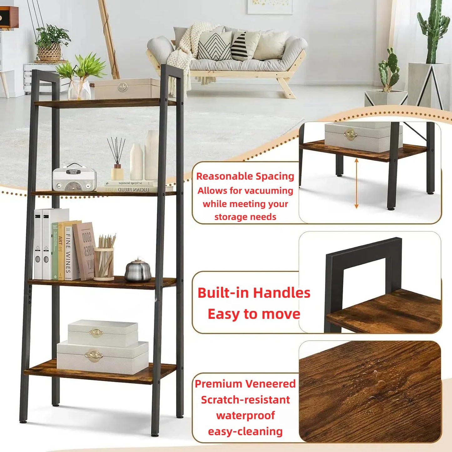 Ladder Shelf, 4-Tier Ladder Bookshelf, 23.5inch Industrial Bookcases, Etagere Utility Organizer Shelves