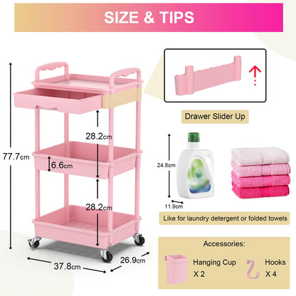 Yeabett 3 Tier Craft Trolley, Storage Trolley On Wheels Utility Cart With Drawer For Kitchen, Bathroom, Office, Living Room, Pink