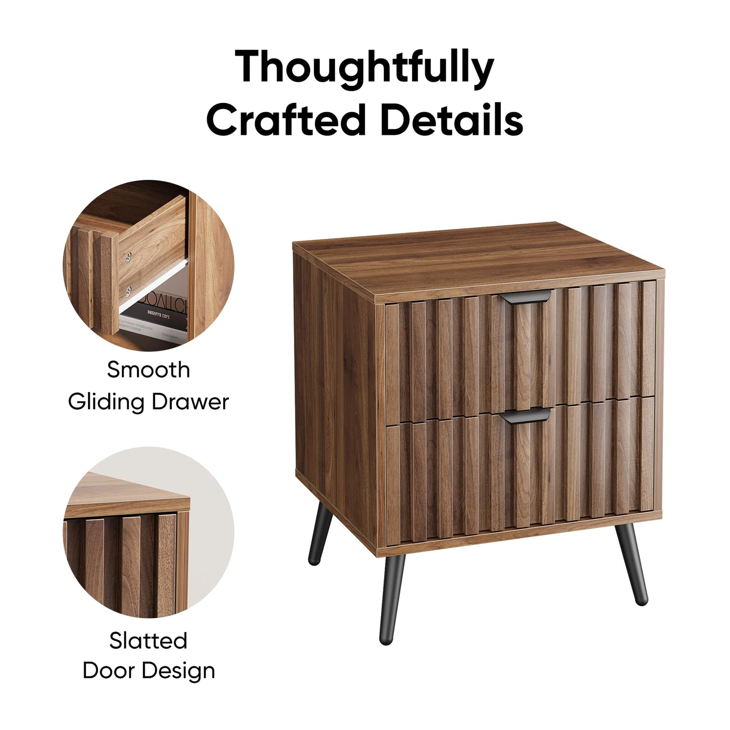 Nightstands, Walnut Fluted Night Stand, Mid Century Modern Nightstand, Bedside Table with Seamless Slatted Drawer, End Tables Bedroom with Metal Legs