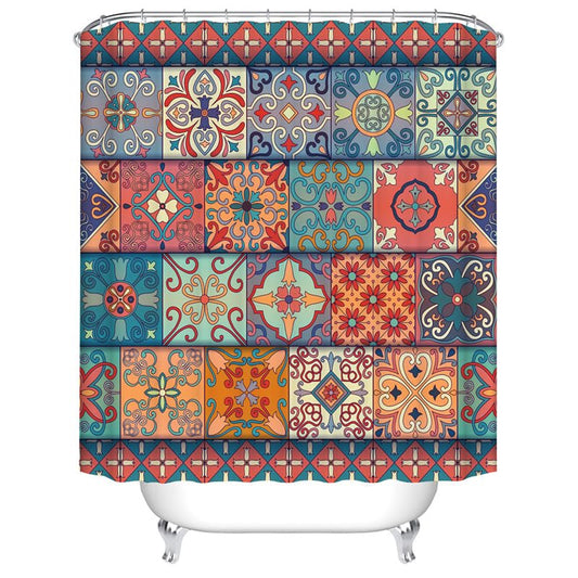 Moroccan Pattern Seamless Patchwork Shower Curtain, Bohemian Colorful Floral Mediterranean Design Shower Curtain for Bathroom Decorations