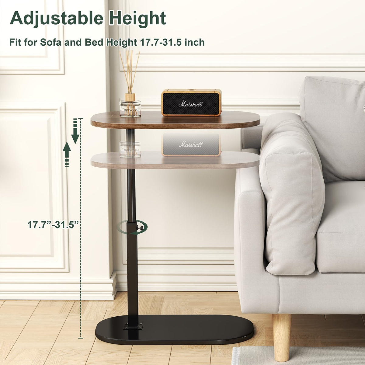 C Shaped Side Table Adjustable Height, 360°Swivel Sofa Side Table That Slide Under, Small Coffee End Table for Couch and Bedside
