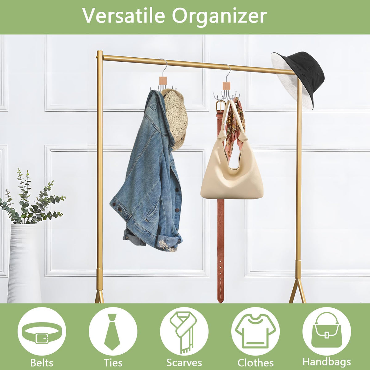 Niuoppy 2PCS 360°Swivel Belt Hanger for Wardrobe, Belt Hangers for Men, Belt Organizer Belts Rack with 6 Hooks (2, Log Color)