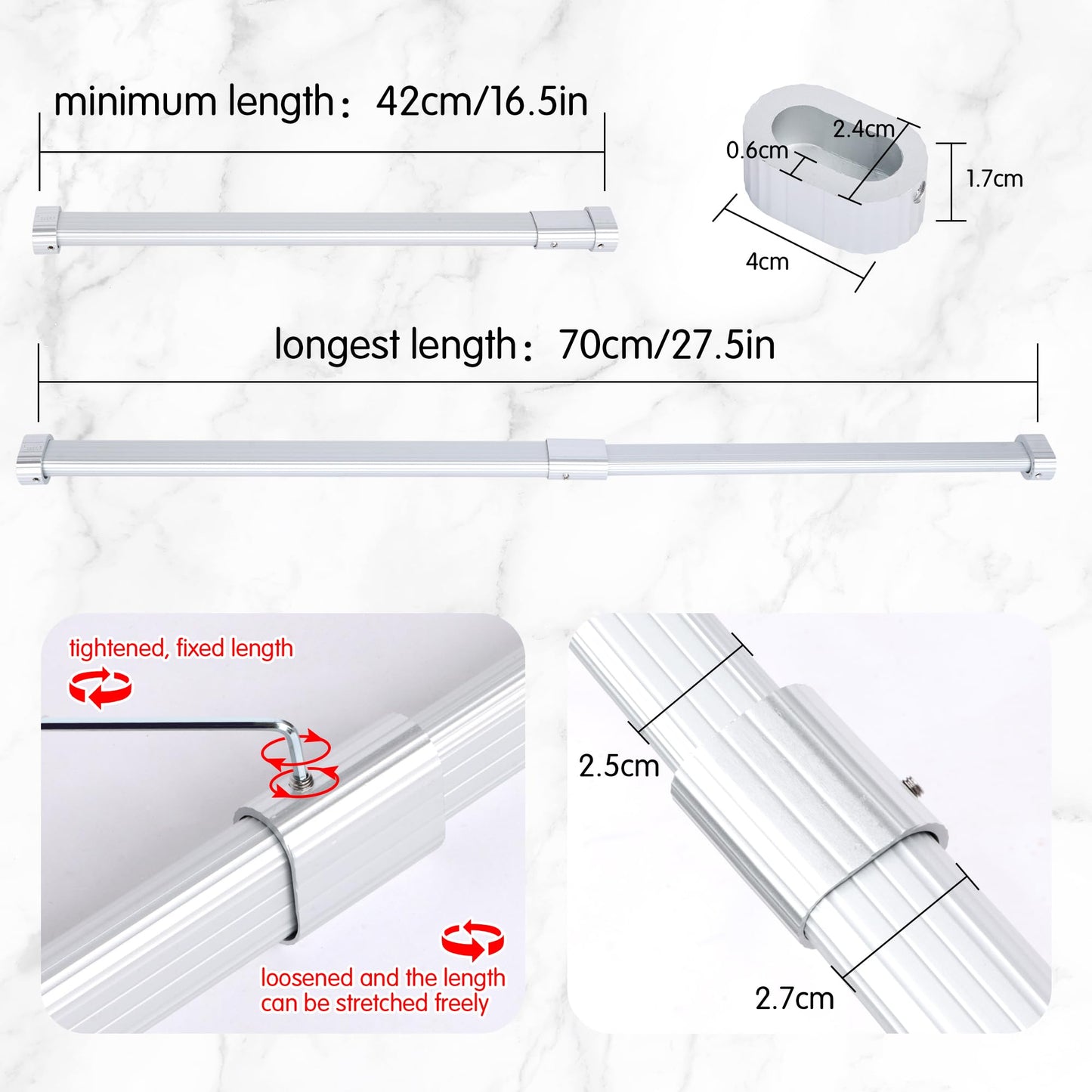 2 Pack Wardrobe Rail Extendable, Wardrobe Rail 42-70cm, Hanging Rails for Clothes, Wardrobe, Shower, Kitchen, Windows with End Sockets, Screws
