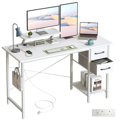 DOMSHOCT Computer Desk with Drawers & Power Outlets, 120*50cm Home Office Desk with Monitor Stand, Gaming Table with Reversible Storage Shelf & Hook