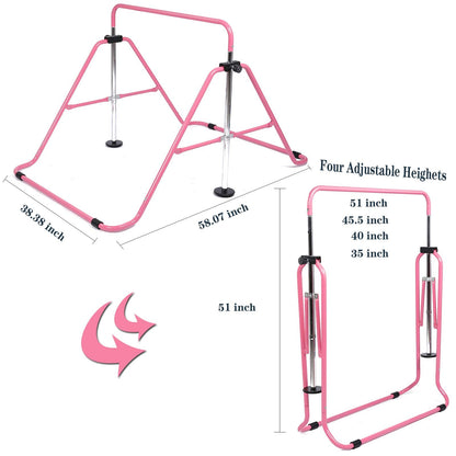 Gymnastic Bar Kids with Flying Ring Folding Adjustable Height Horizontal Gift Set, Expandable Gym Training Bar Equipment for Boys Girls Color Pink