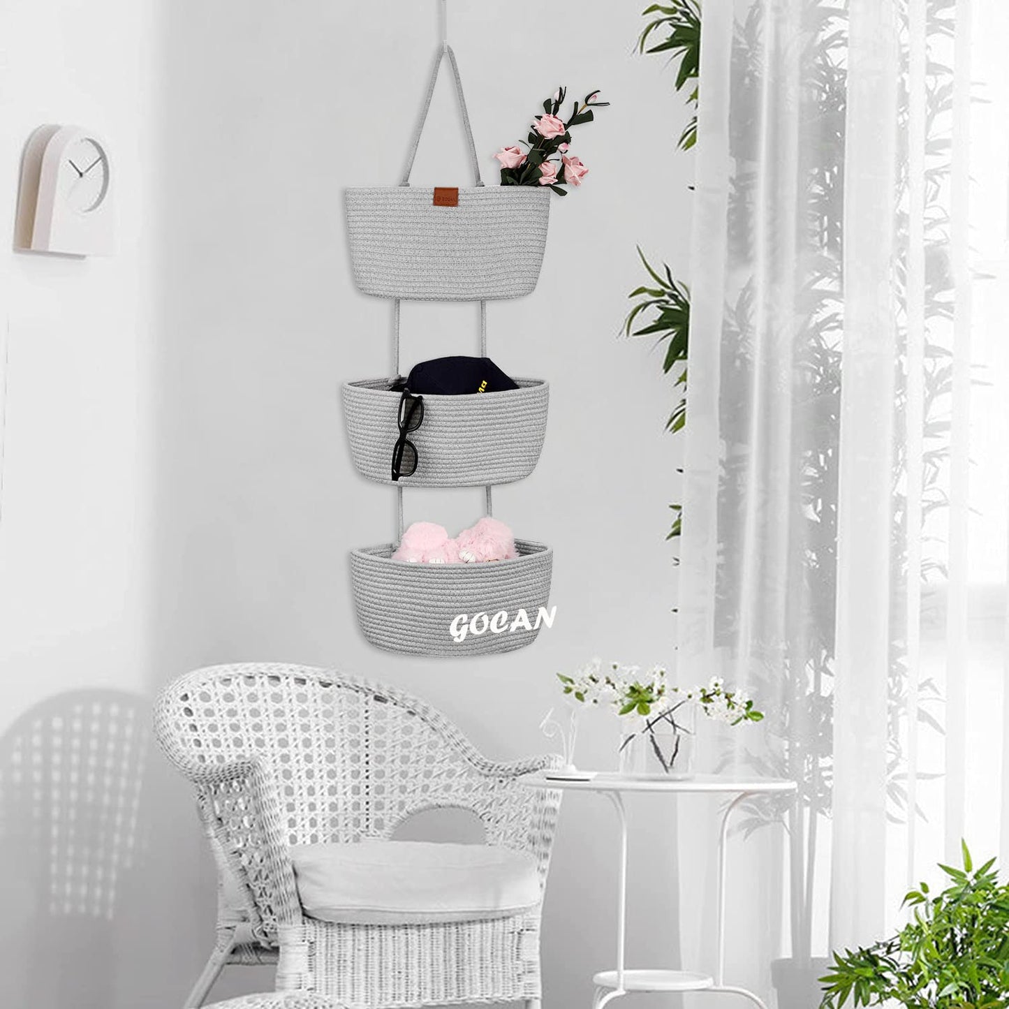 GOCAN 3-Tier Over Door Cotton Rope Woven Hanging Storage Basket(Grey)