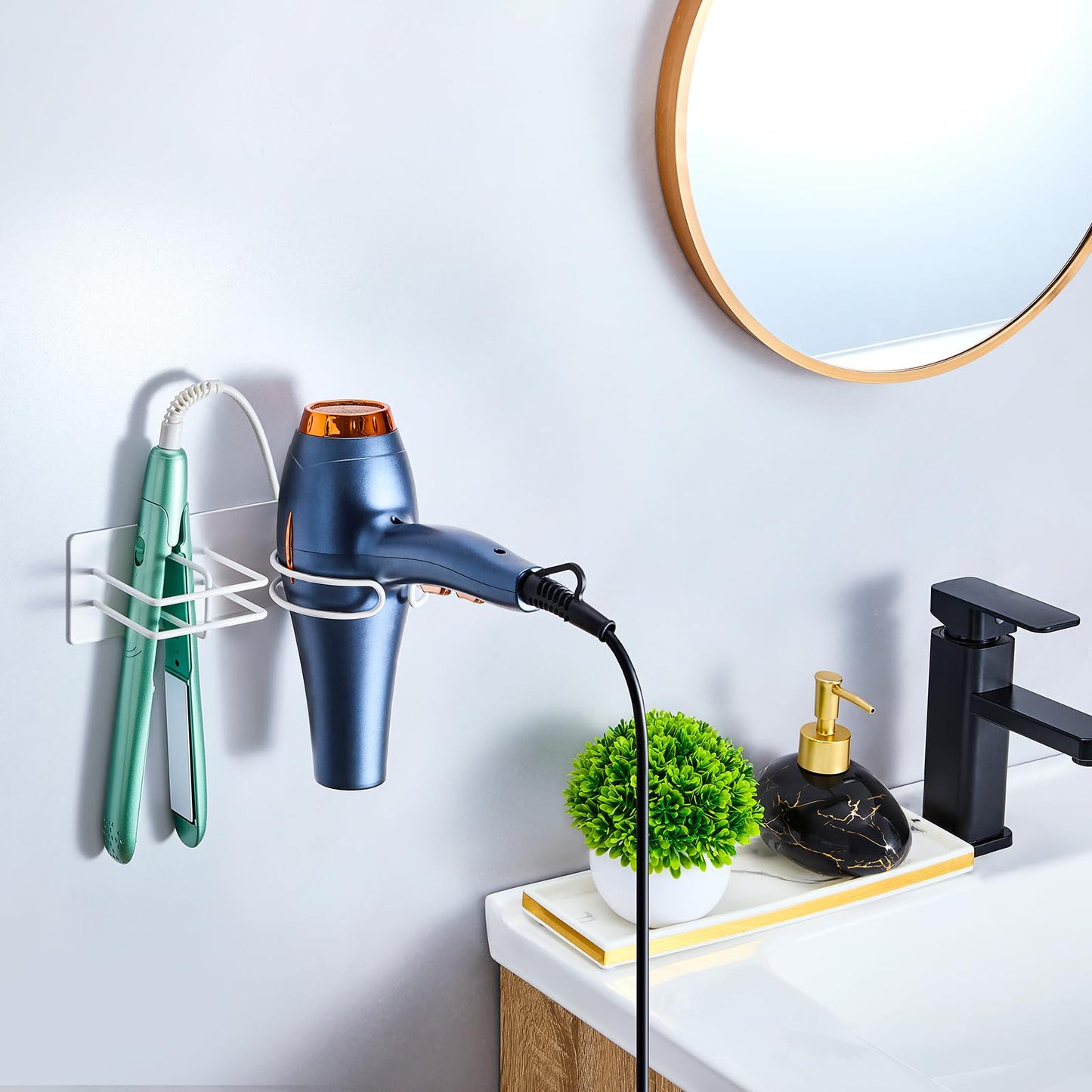 Hair Dryer And Straighteners Holder, Hairdryer Holder Station Wall Mounted & Adhesive, Hair Straightener Holder for Bathroom Salon Dressing Table