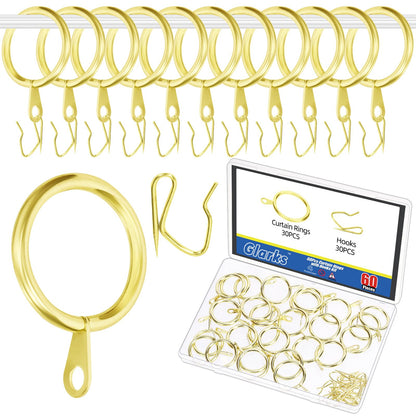 Glarks 30 Sets 25mm/1inch Golden Metal Drapery Curtain Hanging Rings Set, includes 30pcs Curtain Rings and 30pcs Drapery Pin Hooks