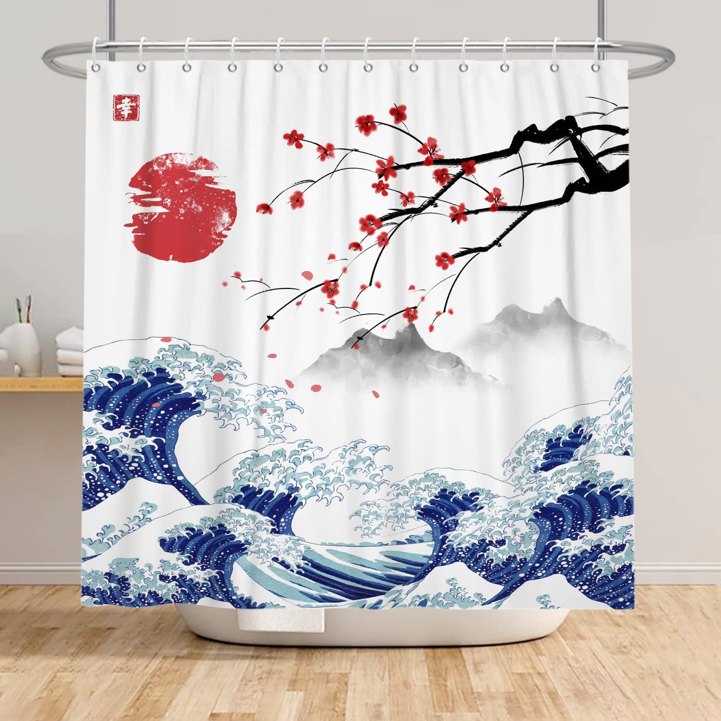SDOTPMT 180x198cm Japanese Mount Fuji Shower Curtain Cherry Blossom Sunset Asian Ink Painting Bath Curtain Wave Landscape Painting Bathtub Curtain