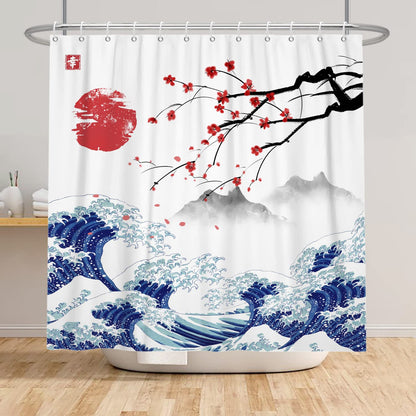 SDOTPMT 180x198cm Japanese Mount Fuji Shower Curtain Cherry Blossom Sunset Asian Ink Painting Bath Curtain Wave Landscape Painting Bathtub Curtain