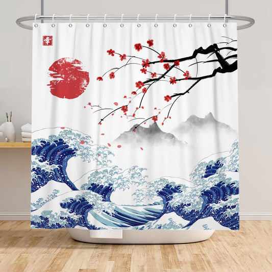 SDOTPMT 165x180cm Japanese Mount Fuji Shower Curtain Cherry Blossom Sunset Asian Ink Painting Bath Curtain Wave Landscape Painting Bathtub Curtain