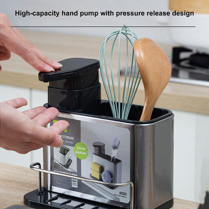 Irishom 3-in-1 Kitchen Soap Dispenser with Stainless Steel Sink Caddy, Dishwashing Liquid Dispenser and Sponge & Brush Holder Organizer with Drain